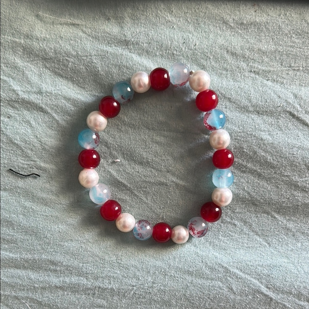 Red, Blue, and White Beaded Bracelet